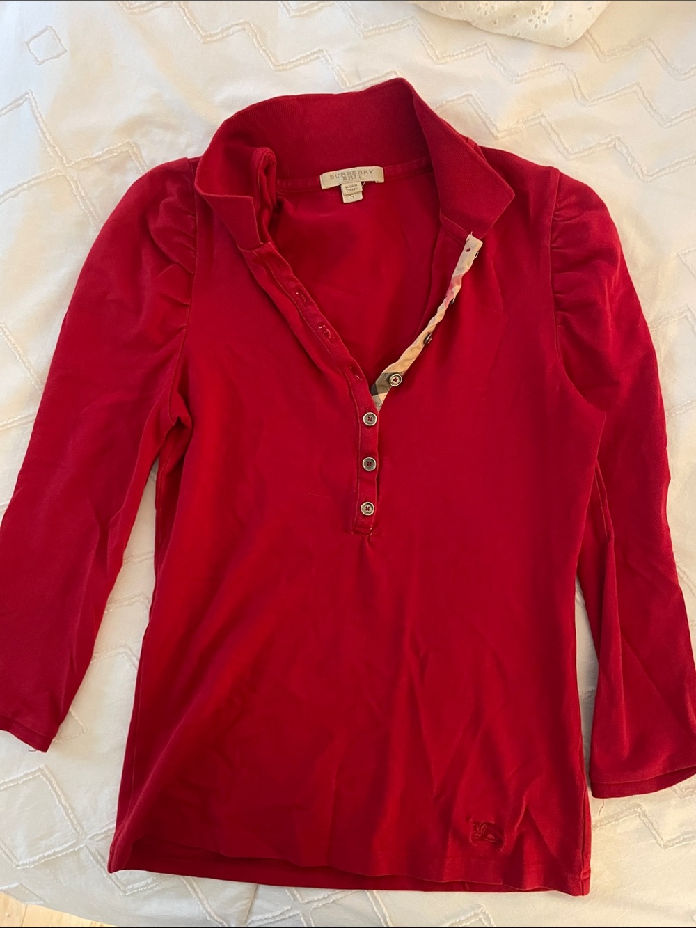 Burberry Red Polo-Style Button Sweater with Check Trim - Picture 2 of 4